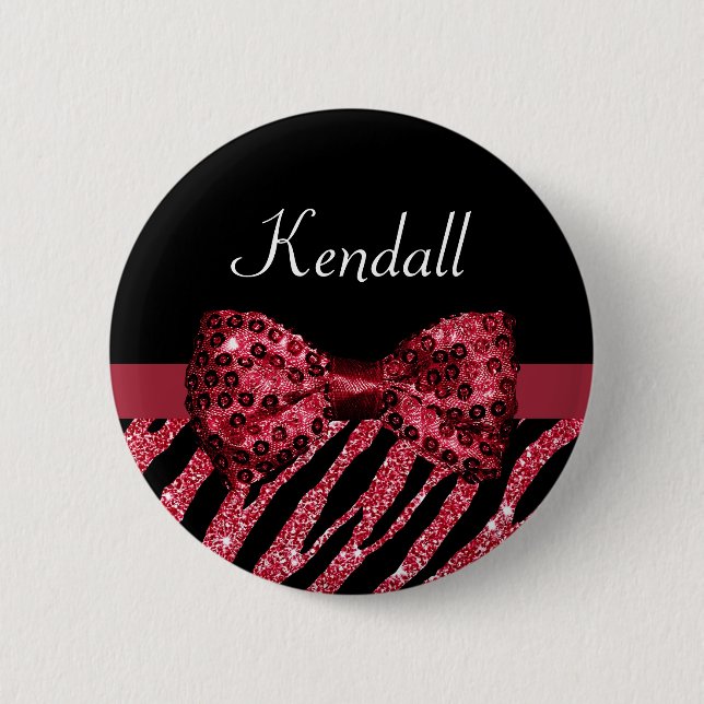 Stylish Red Zebra Print FAUX Glitz Bow With Name Button (Front)