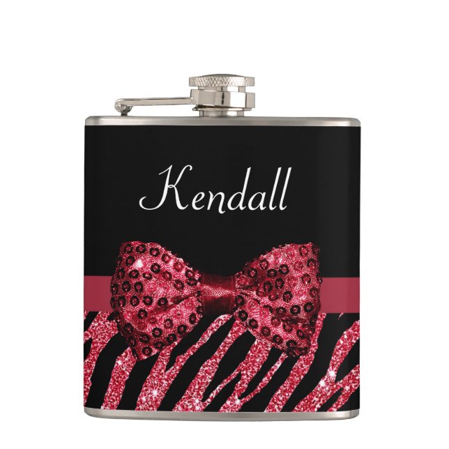 Stylish Red Zebra Print FAUX Glitz Bow With Name Hip Flask (Front)
