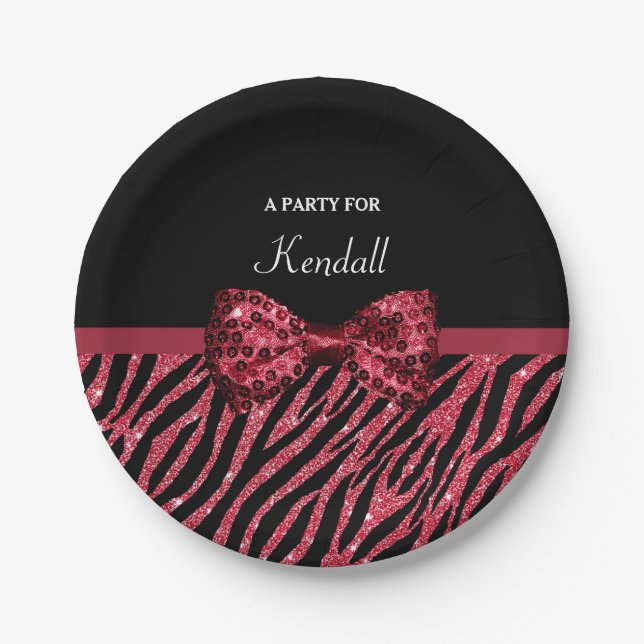 Stylish Red Zebra Print FAUX Glitz Bow With Name Paper Plates (Front)