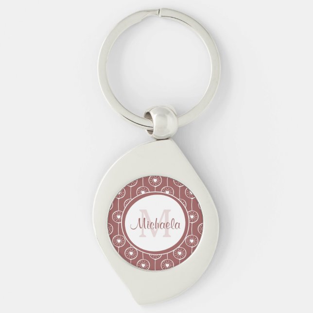 Stylish Reddish Brown Hearts Monogram With Name Keychain (Front)