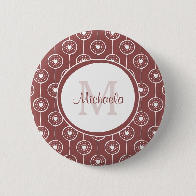 Stylish Reddish Brown Hearts Monogram With Name Pinback Button (Front)