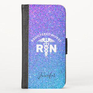 Stylish Registered Nurse Blue Purple Glitter Name iPhone X Wallet Case