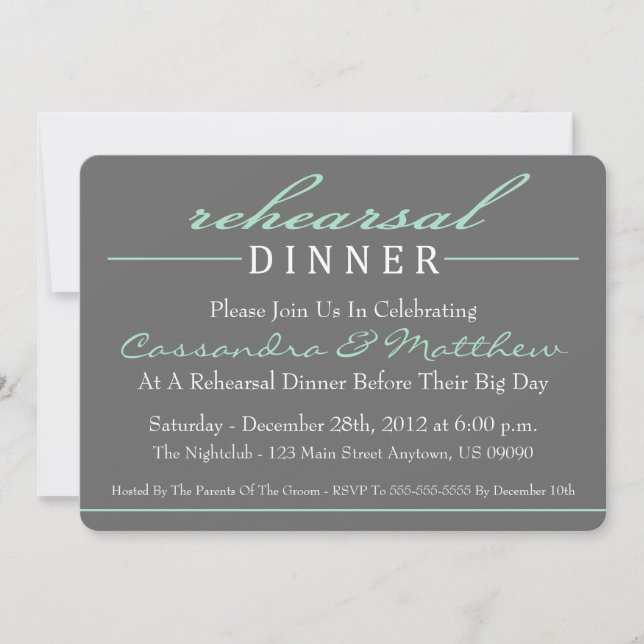 Stylish Rehearsal Dinner Party Invitations (Green) (Front)