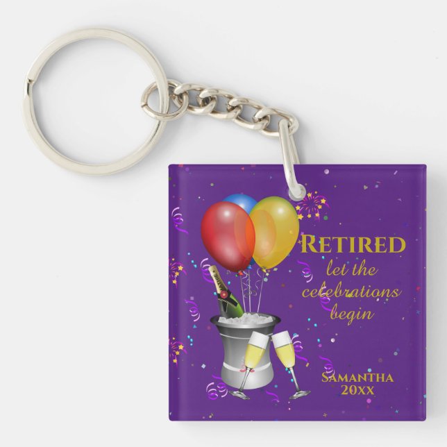 Stylish Retirement Celebration Purple Keychain (Front)
