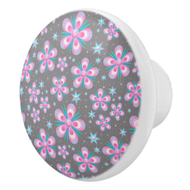 Stylish Retro 60s Pink & Turquoise Flowers Ceramic Knob (Right)
