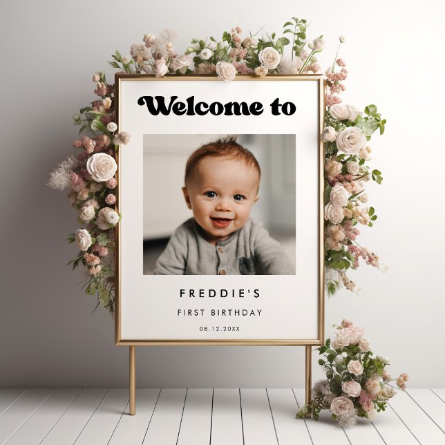 Stylish retro Birthday welcome photo sign (Creator Uploaded)