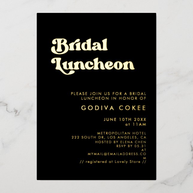Stylish retro black & gold Bridal luncheon Foil Invitation (Front)