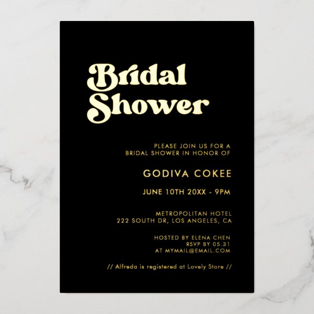 Stylish retro black & gold Bridal shower Foil Invitation (Front)