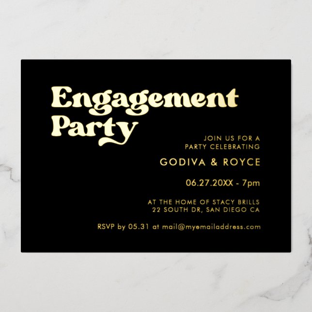 Stylish retro black & gold Engagement party Foil Invitation (Front)