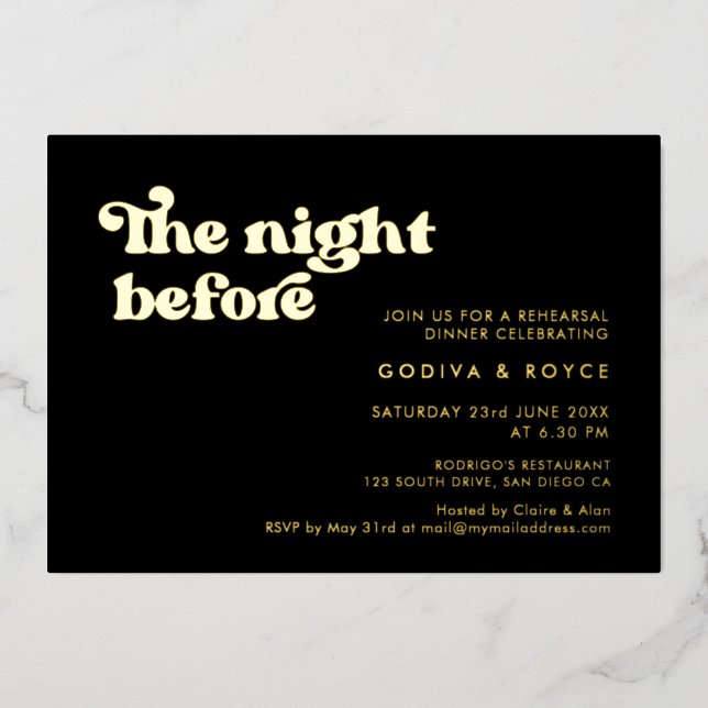 Stylish retro black & gold The night before Foil Invitation (Front)
