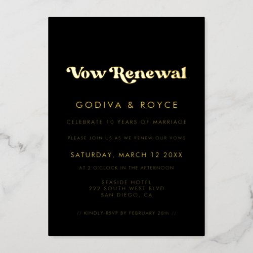 Stylish retro black  gold Vow renewal Foil Invitation