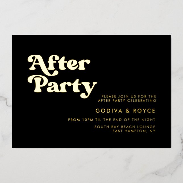 Stylish retro black & gold Wedding After party Foil Invitation (Front)