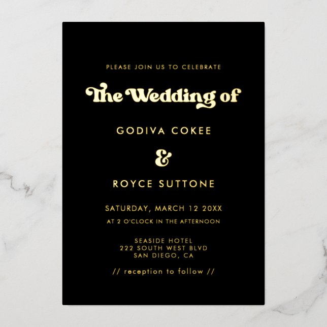 Stylish retro black & gold wedding foil invitation (Front)