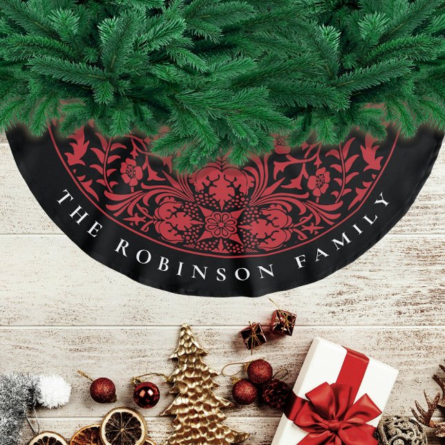 Stylish Retro Black Red Christmas Floral Pattern Brushed Polyester Tree Skirt (Creator Uploaded)