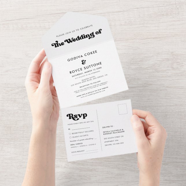 Stylish retro black  wedding all in one invitation (Tearaway)