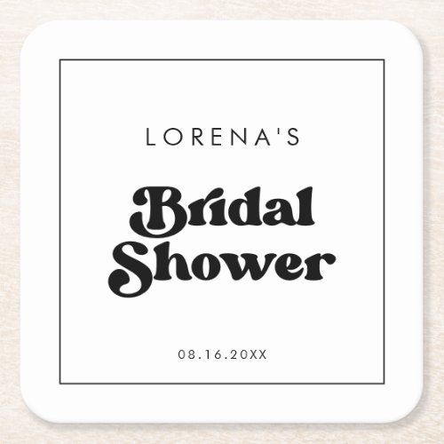 Stylish retro black  white Bridal Shower Square Paper Coaster