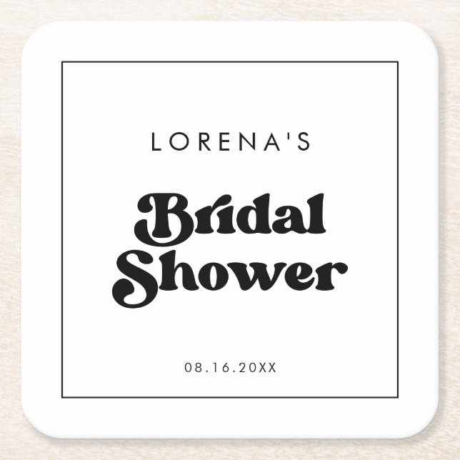 Stylish retro black & white Bridal Shower Square Paper Coaster (Front)
