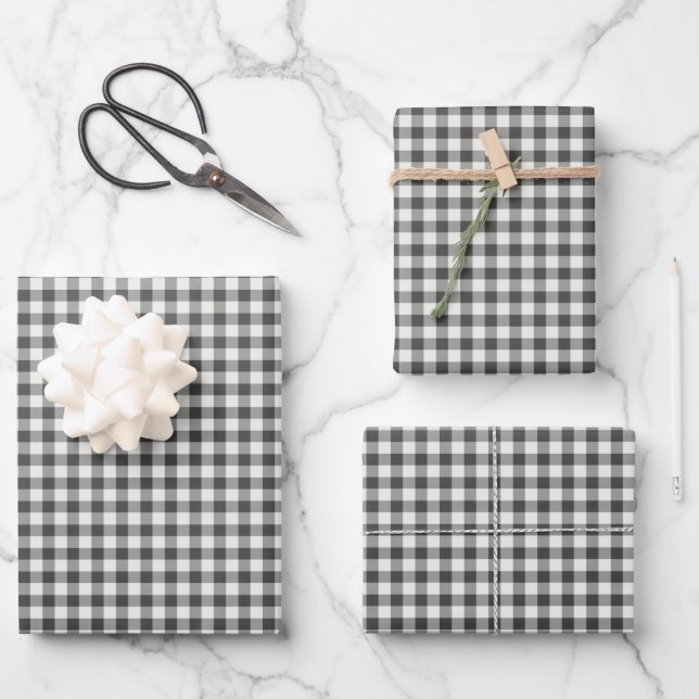 Stylish Retro Black White Gingham Plaid Pattern Wrapping Paper Sheets (Front)