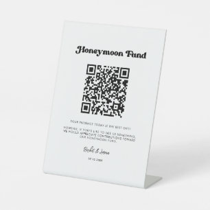 Stylish retro black & white Honeymoon fund QR code Pedestal Sign