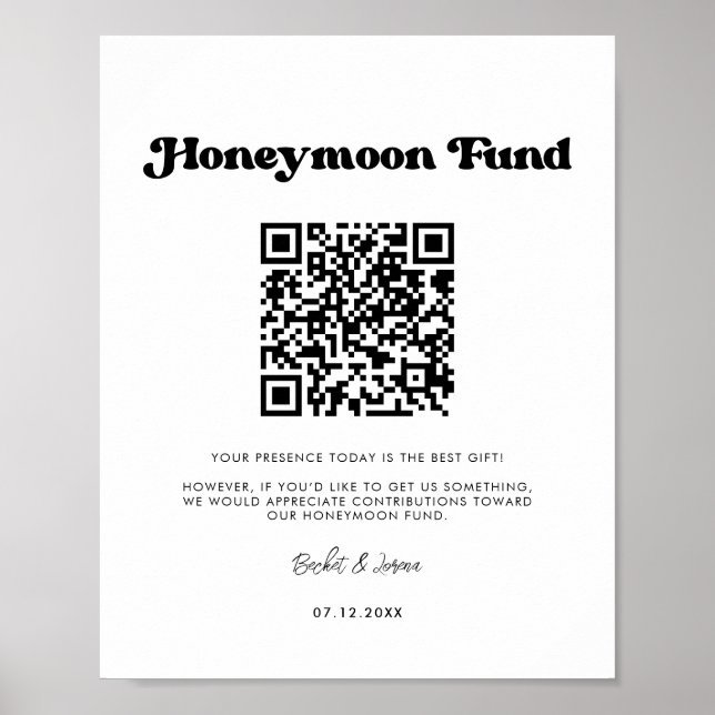 Stylish retro black & white Honeymoon fund QR code Poster (Front)
