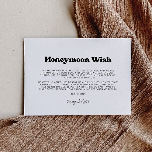 Stylish retro black  white Honeymoon wish Enclosure Card