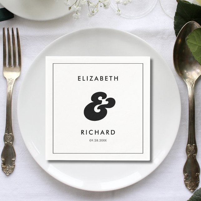 Stylish Retro Black & White Wedding Napkins (Retro black and white wedding napkins add a stylish, cohesive touch to your reception table.)