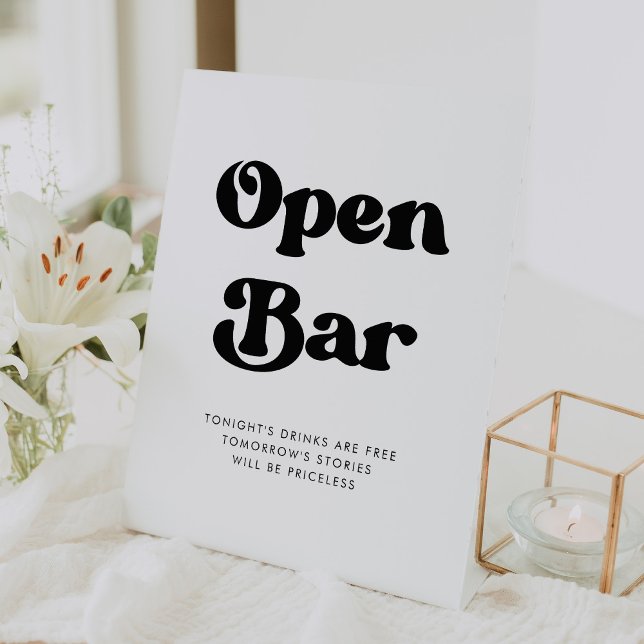 Stylish retro black & white wedding Open Bar Pedestal Sign (Creator Uploaded)