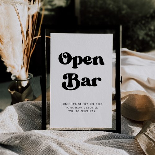 Stylish retro black  white wedding Open Bar sign