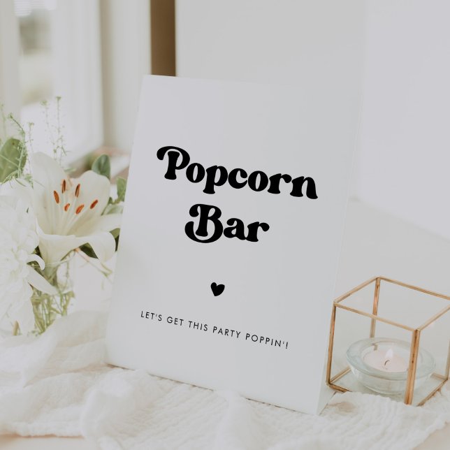 Stylish retro black & white wedding Popcorn bar Pedestal Sign (Creator Uploaded)