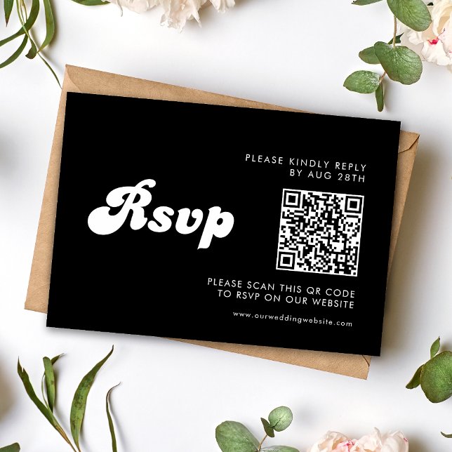 Stylish Retro Black & White Wedding QR Code RSVP Card (Creator Uploaded)