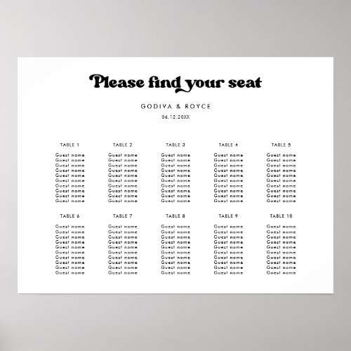 Stylish retro black  white Wedding seating chart