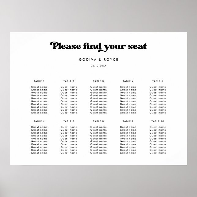 Stylish retro black & white Wedding seating chart (Front)