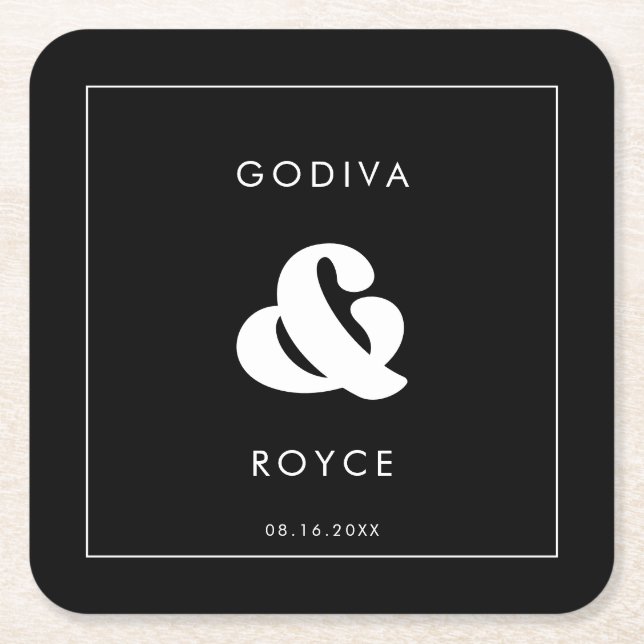 Stylish retro black & white wedding square paper coaster (Front)