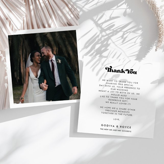 Stylish retro black & white wedding square thank you card (Creator Uploaded)