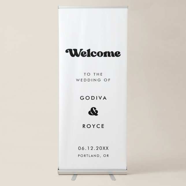 Stylish retro black & white Welcome to our wedding Retractable Banner (Front)
