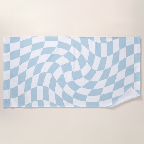 Stylish Retro Blue Pastel Warped Checkerboard  Beach Towel