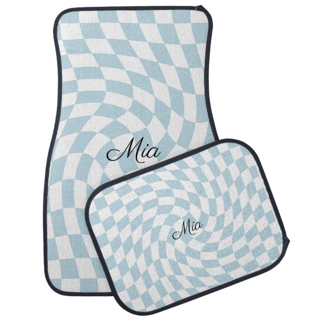 Stylish Retro Blue Pastel Warped Checkerboard  Car Floor Mat (Set)