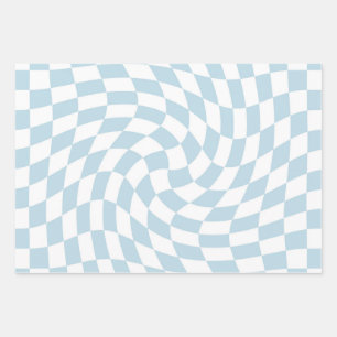Stylish Retro Blue Pastel Warped Checkerboard Wrapping Paper Sheets