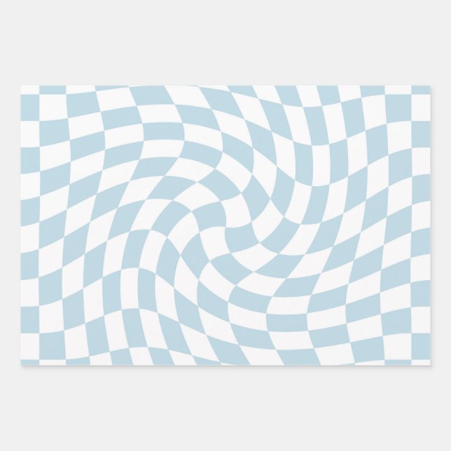 Stylish Retro Blue Pastel Warped Checkerboard Wrapping Paper Sheets (Front)