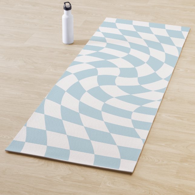 Stylish Retro Blue Pastel Warped Checkerboard Yoga Mat (In Situ)