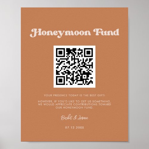 Stylish retro Brown sugar Honeymoon fund QR code Poster