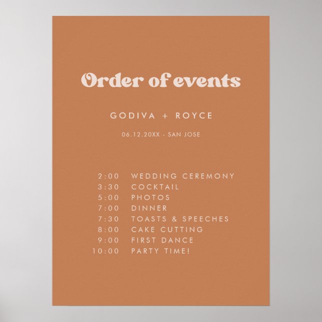 Stylish retro Brown sugar Wedding Order of events Poster (Front)