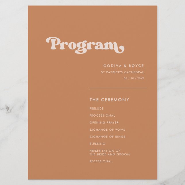 Stylish retro brown sugar wedding program (Front)