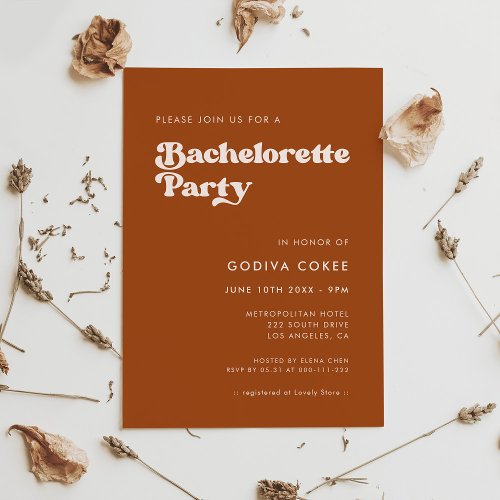 Stylish retro burnt orange Bachelorette Party Invitation