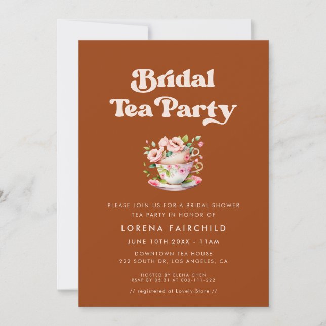 Stylish retro Burnt Orange Bridal Tea Invitation (Front)