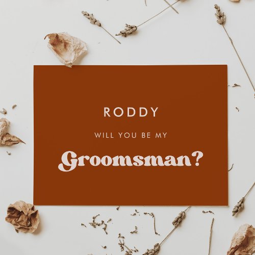 Stylish retro burnt orange groomsman proposal card