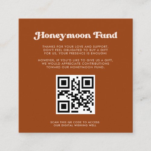 Stylish retro Burnt Orange Honeymoon fund QR code Enclosure Card