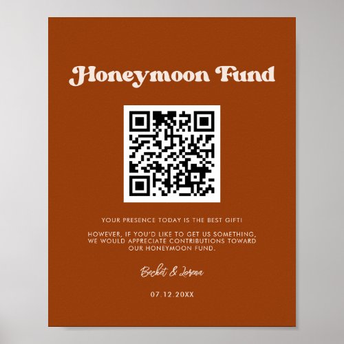 Stylish retro Burnt Orange Honeymoon fund QR code Poster