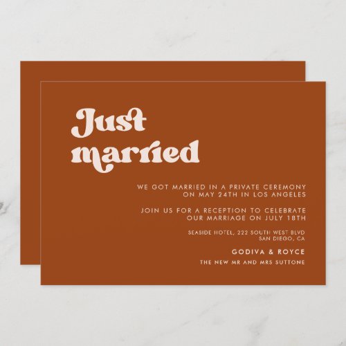 Stylish retro burnt orange Just married Invitation