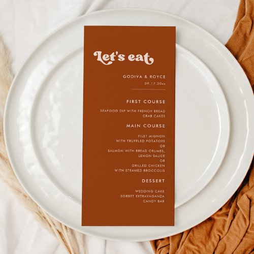 Stylish retro burnt orange Lets eat wedding Menu